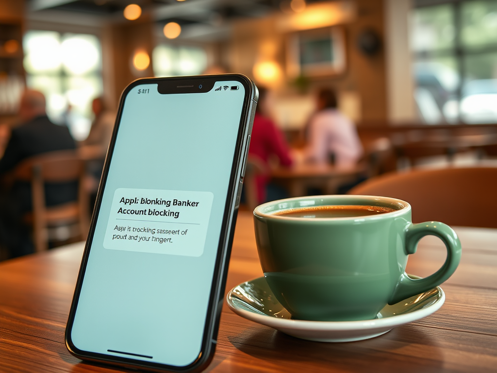 На столе стоит смартфон с сообщением о блокировке банковского аккаунта и чашка кофе.