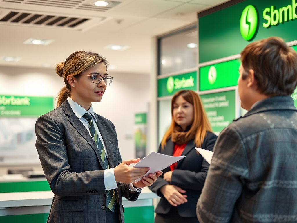 Сотрудник банка Sberbank общается с клиентом, рядом еще один сотрудник. Офисное пространство, современный стиль.