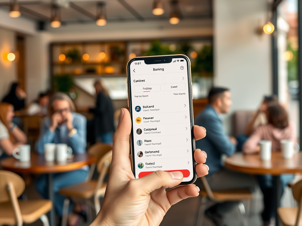 На изображении показан телефон с приложением банка в кафе, фон содержит людей и уютную атмосферу.